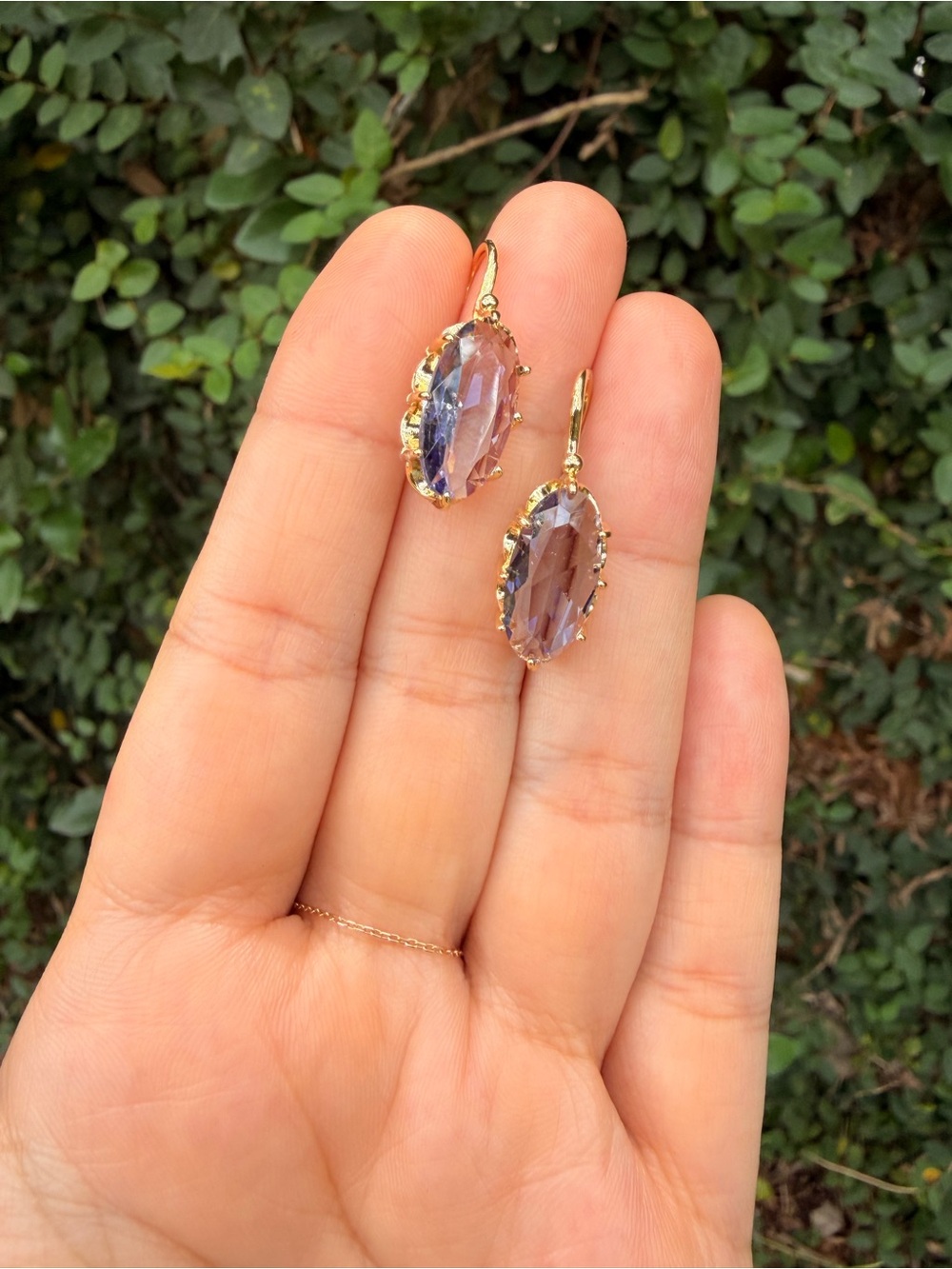 Gold Plated Earrings with Iridescent Lavender Crystal Drops - Picture 4 of 7